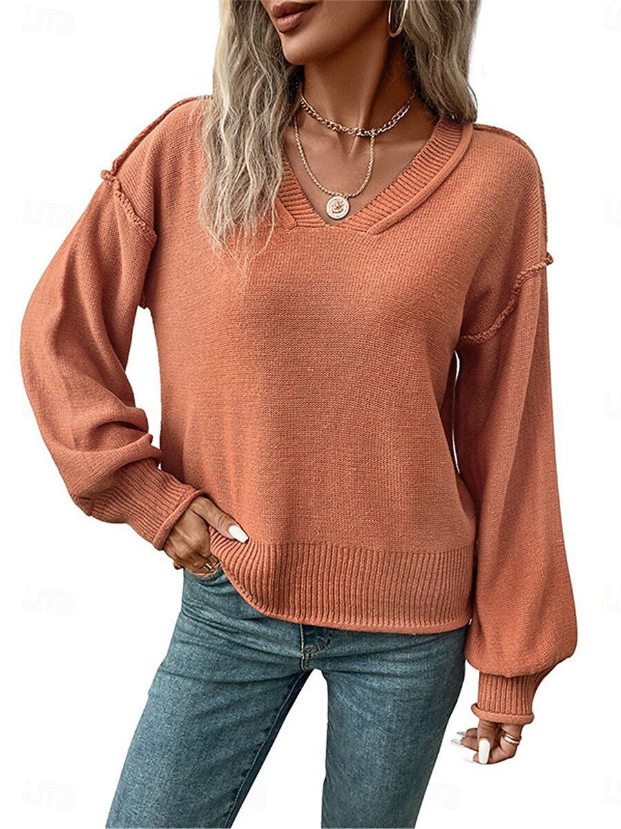 Per donna Felpa Informale Morbido Colore puro A coste A V Lavorato a maglia Manica lunga Top regolari Maglia Esterno Giornaliero Fine settimana Rosso marrone Autunno Inverno del 2025 a $31.99 –P9