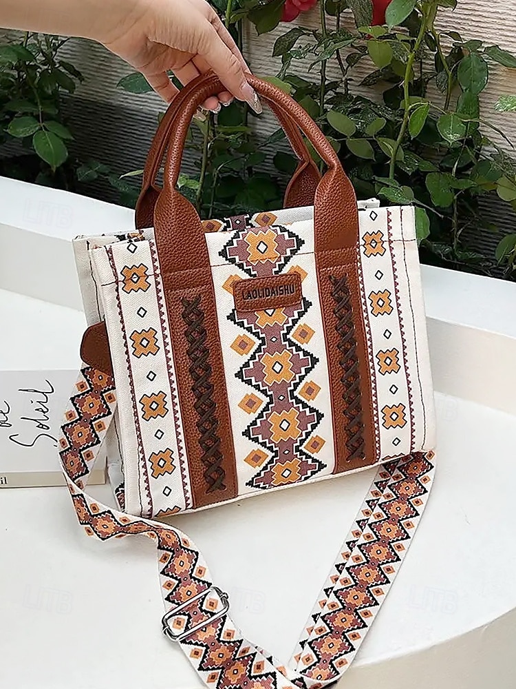 női boho etnikai mintás táska – vintage ihletésű vászon kézitáska bőr díszítéssel, ideális alkalmi kirándulásokhoz és mindennapi használatra 2025 - $26.99 –P1