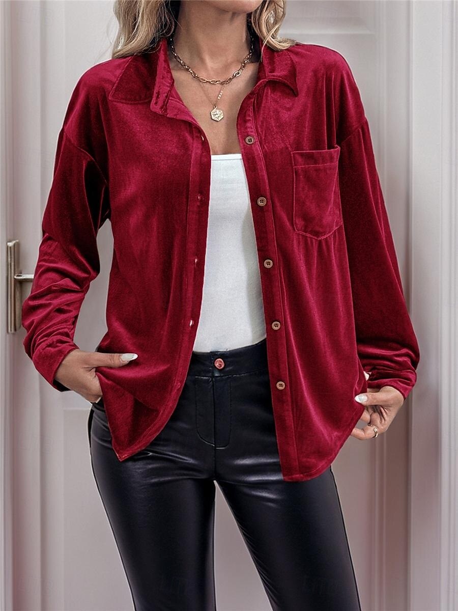 Dames Overhemd Blouse Effen Kleur Basic Casual Lange mouw V-hals Normale tops Dagelijks Lapwerk Knop Zak Wijn Bruin Groen Herfst Winter 2025 - $36.99 –P3