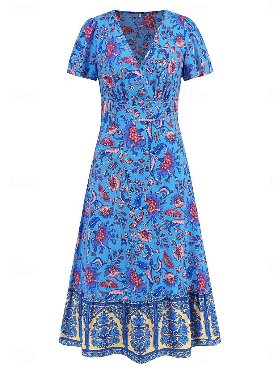 Dame Midikjole Uformell kjole Swingkjole Kjole med A-linje Boho-kjole Bohem Fritid Daglig Normal Blomstret Kortermet V-hals Rød Blå Fuksia Sommer Vår 2025 - $46.99 –P9
