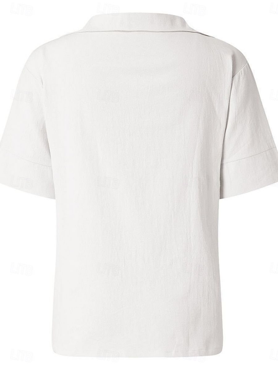 Per donna Camicia Camicia in lino e cotone Blusa Tinta unica Essenziale Informale Manica a 3/4 Collo dentellato Top regolari Giornaliero Bianco Rosa Verde Estate Primavera del 2025 a $24.99 -P4