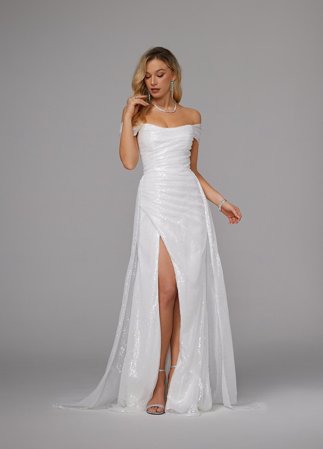 havfrue aftenkjole elegant kjole bryllup gjesteball feie / børste tog gulvlengde kortermet off shoulder høst bryllupsmottak sateng med splitt 2025 2025 - $171.99 –P5