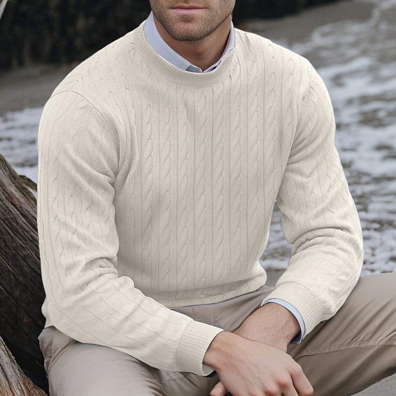Men's Sweater Pullover Sweater Jumper Cable Knit Sweater Cable Knit Regular Classic Style Knitted Solid Color Round Neck Modern Contemporary Work Daily Wear Clothing Apparel Fall Winter Black White S 2026 - $26.99 –P7