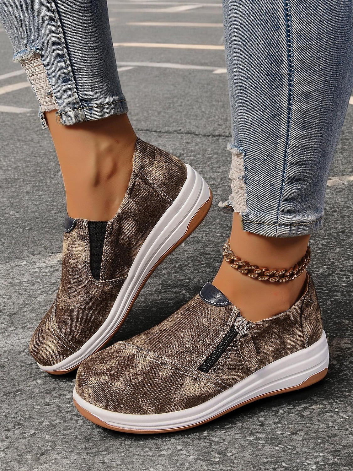 dámské neformální modré džínové slip-on tenisky – stylové vycházkové boty na zip s polstrovanou podrážkou pro každodenní pohodlí 2025 - $29.99 –P7