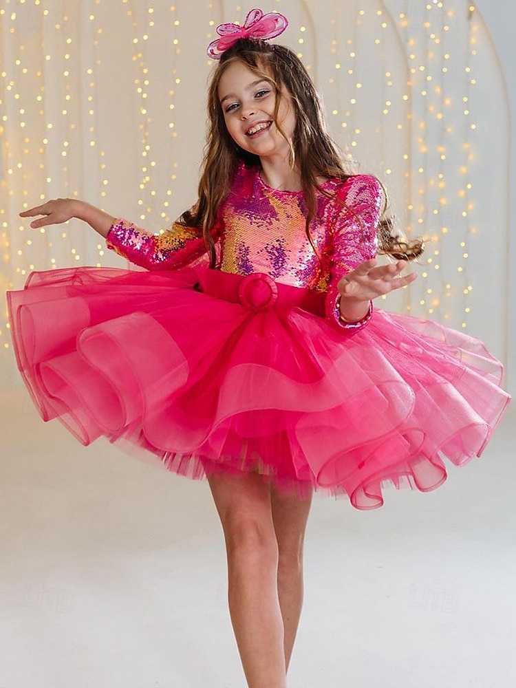 kinderkleidung Mädchen Party Kleid Feste Farbe Langarm Leistung Gitter Prinzessin Süß Gitter Mitte der Wade Etuikleid Tüll-Kleid Sommer Frühling Herbst Kinder Rosenrot 2025 - $80.99 –P2