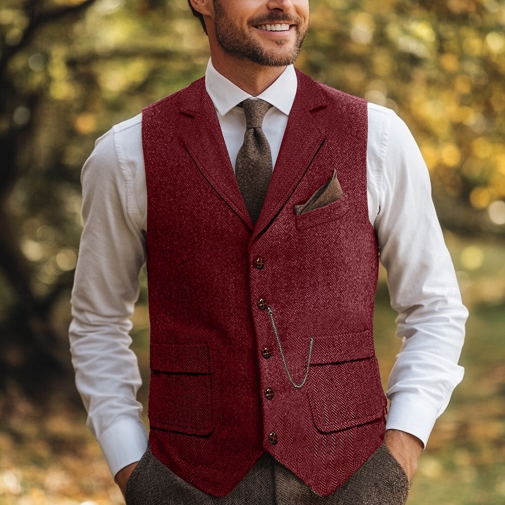 Bruin Grijs Heren Haringbeen Tweed Vest Standaard Pasvorm Notch Enkele Knopen Vijf-knopen 2025 - $37.99 –P7