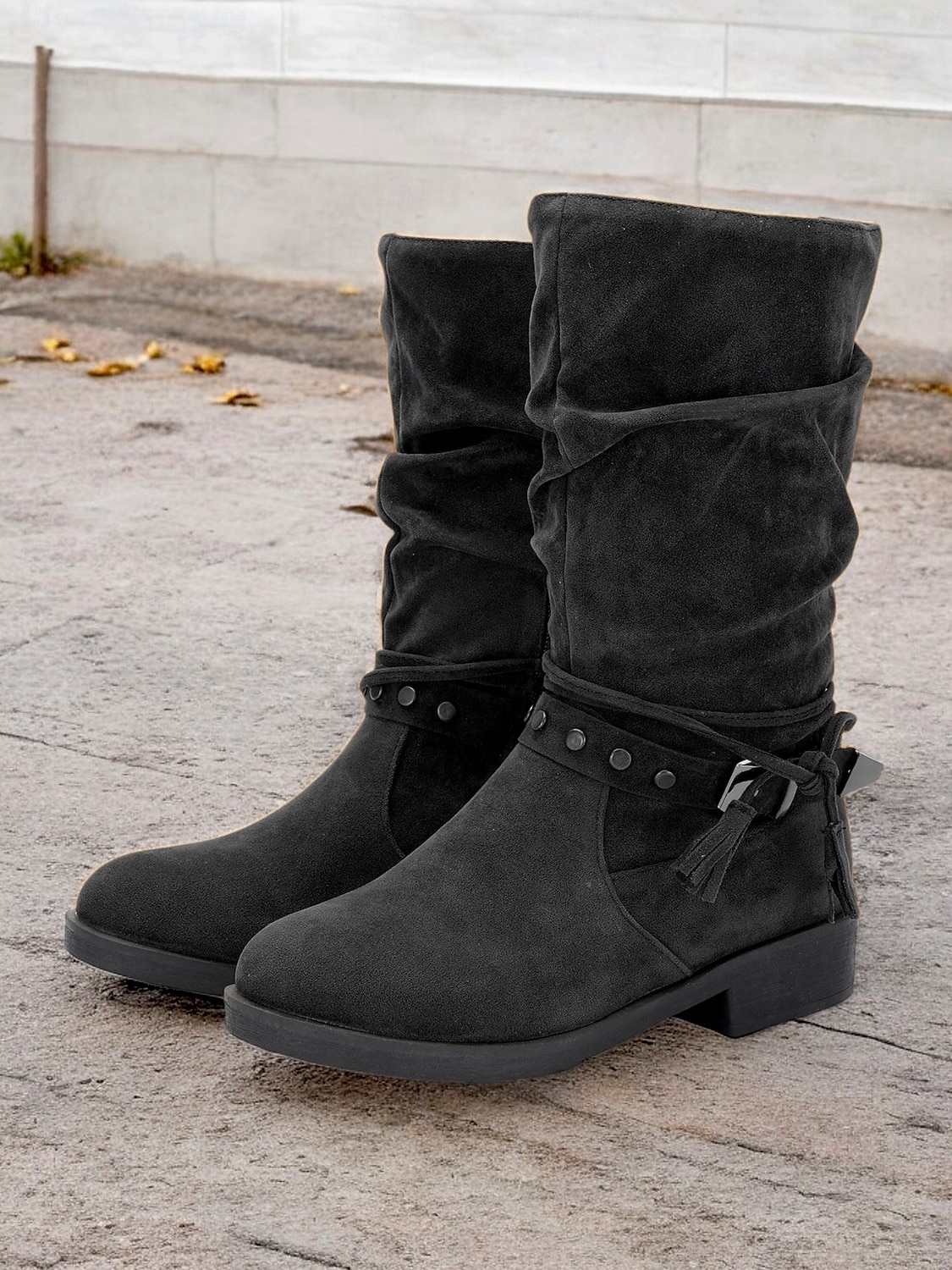 dámské polobotky z umělého semiše do půli lýtek s cvočkovým páskem a detaily se střapcem – ležérní boho styl na podzim a zimu 2025 - $54.99 –P4