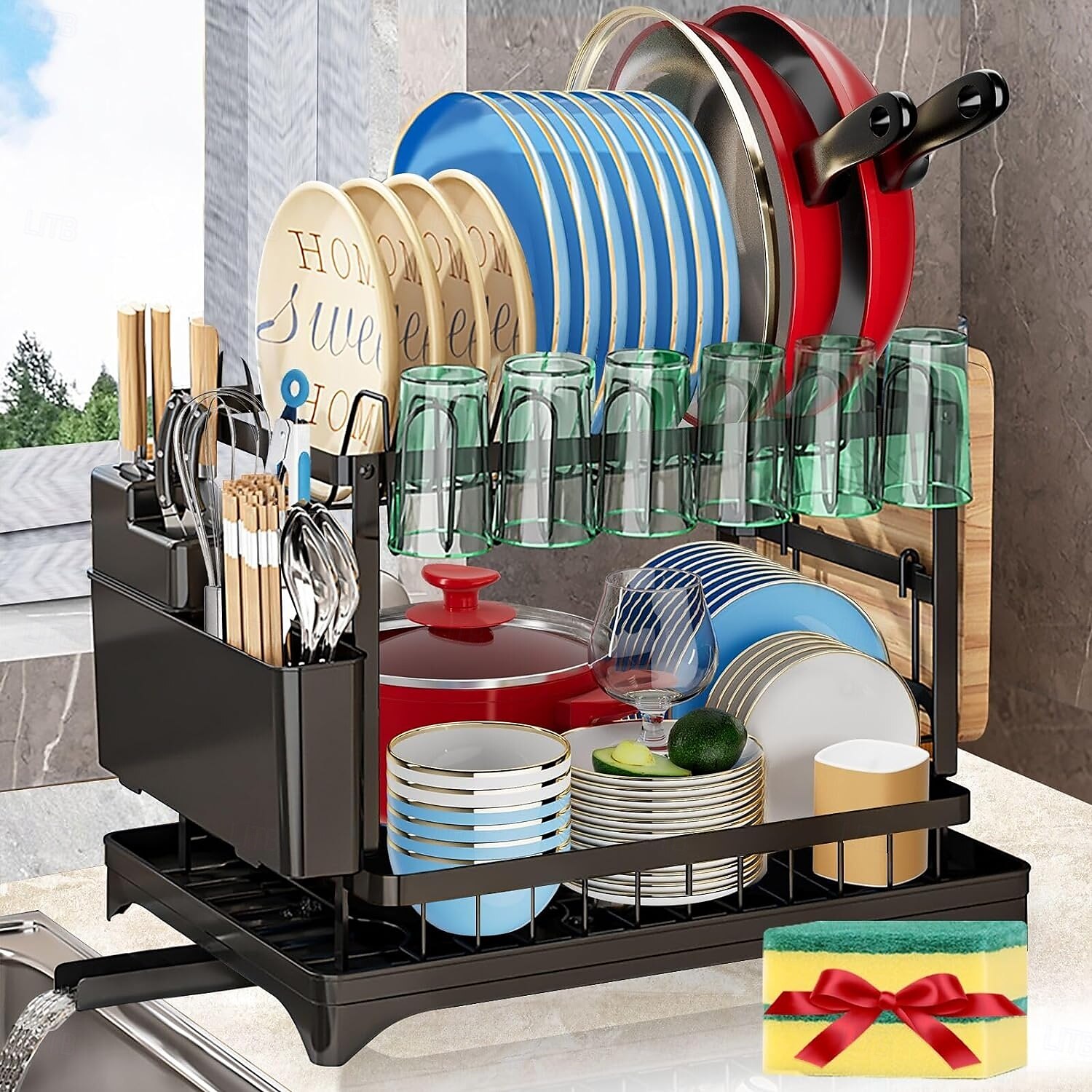 Tableware drying rack 2-layer utensil drain rack with detachable utensil rack and swivel joint durable high carbon steel material larger capacity easy to install black 2025 - $61.99 –P1
