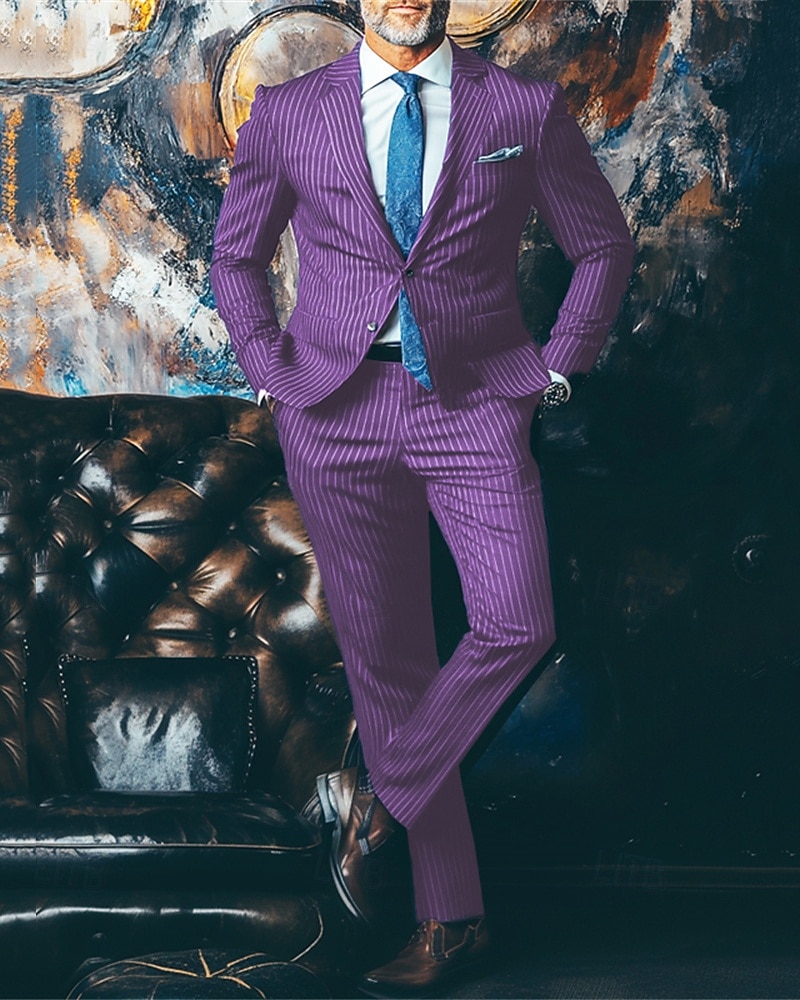 Hombre Trajes chaqueta Negocio Fiesta de Cóctel Fiesta de Boda Moda Casual Primavera & Otoño Poliéster Rayas Botones Bolsillo Cómodo Botonadura Simple Chaqueta de sport Amarillo Azul Piscina Morado 2026 - $91.99 –P11