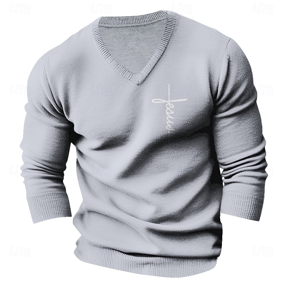 Men's Faith Pullover Sweater Jumper V Neck Casual Party Evening Wear Daily Embroidered Knitting Warm Long Sleeve Fall Winter Wine Black Dark Navy 2025 - $37.99 –P3