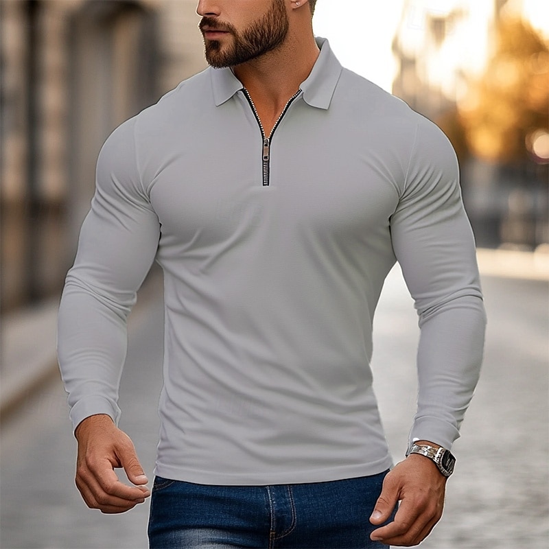 Herren Zip Polo Golfhemd Arbeit Casual Kargen Langarm Basic Modern Glatt Zip Frühling & Herbst Regular Fit Navy-Blau Schwarz Weiß Rot Hellgrau Zip Polo 2025 - $13.99 –P5