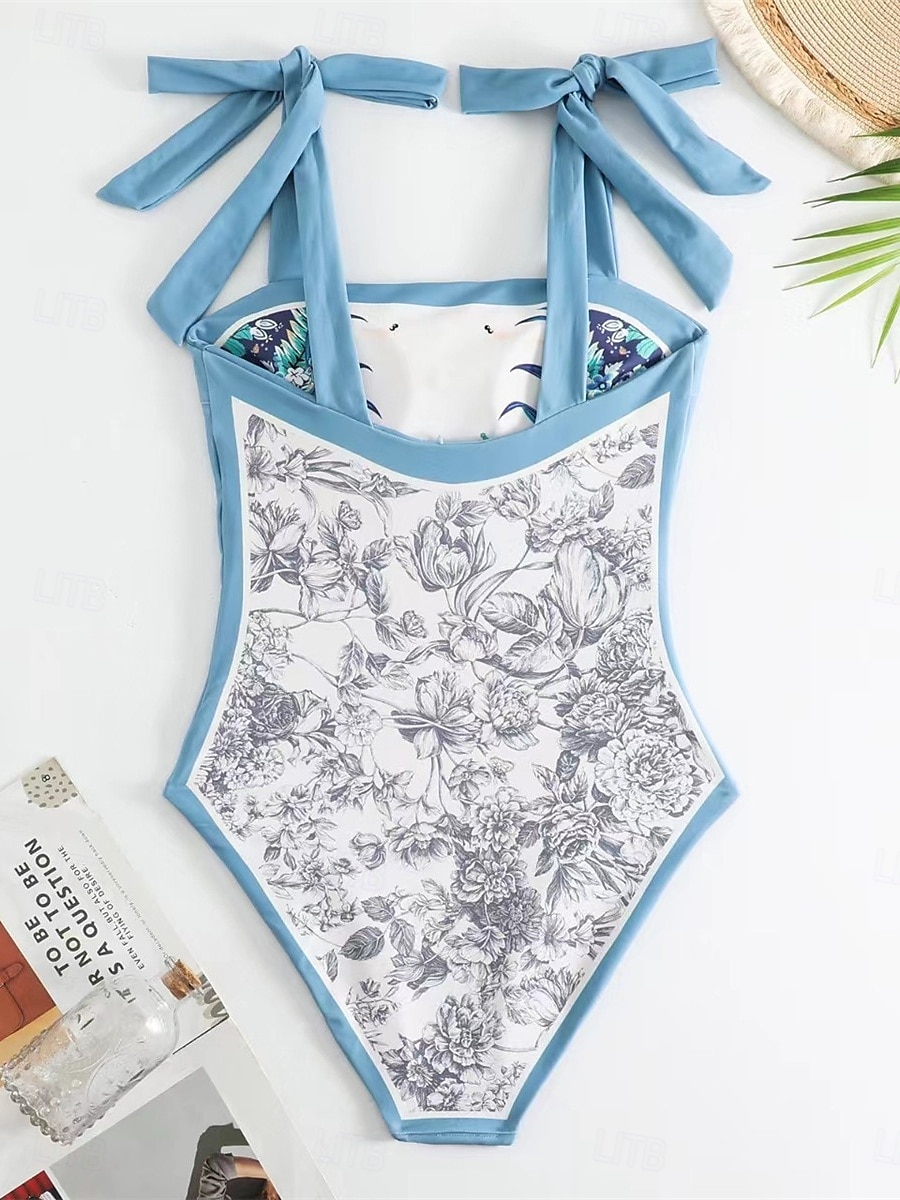 Dam Badkläder En bit Monokini Kjol Baddräkt Öppen rygg Magkontroll Hög midja Smal Semester Standkläder Blommig Halterneck Ärmlös Baddräkter 2025 - $52.99 –P7