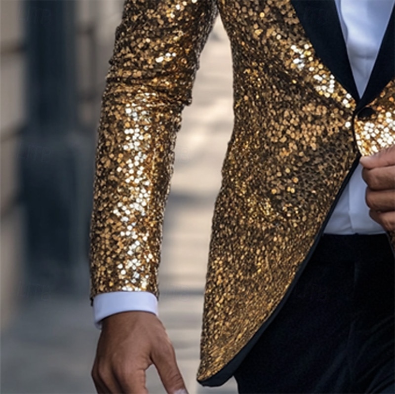 Men's Tuxedo Blazer Jacket Sequins Wedding Party Casual All Seasons Polyester Sequin Solid Colored Basic Single Breasted One-button Blazer Gold 2025 - $59.99 –P3
