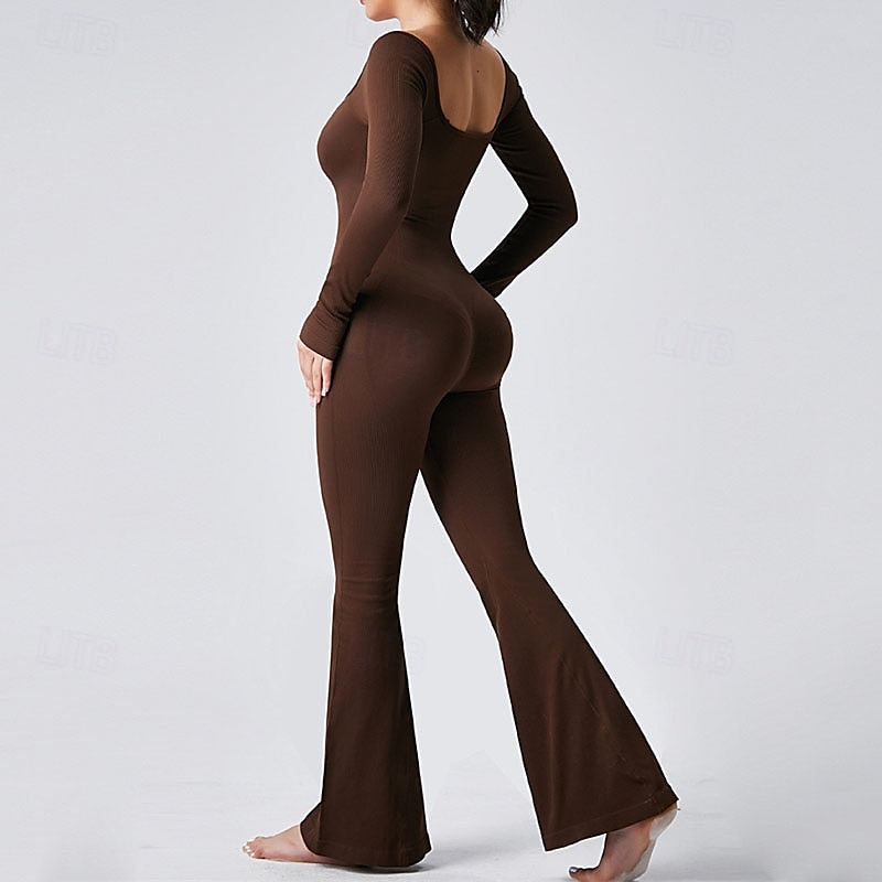 Dam Jumpsuit Träningsdräkt Onesie Utsvängda byxben Ensfärgat Kroppsdräkt Byxdress Svart Kaffe Yoga Kondition Gymträning Andningsfunktion Mjuk Långärmad Sport Sportkläder Elastisk Smal 2025 - $33.59 –P8