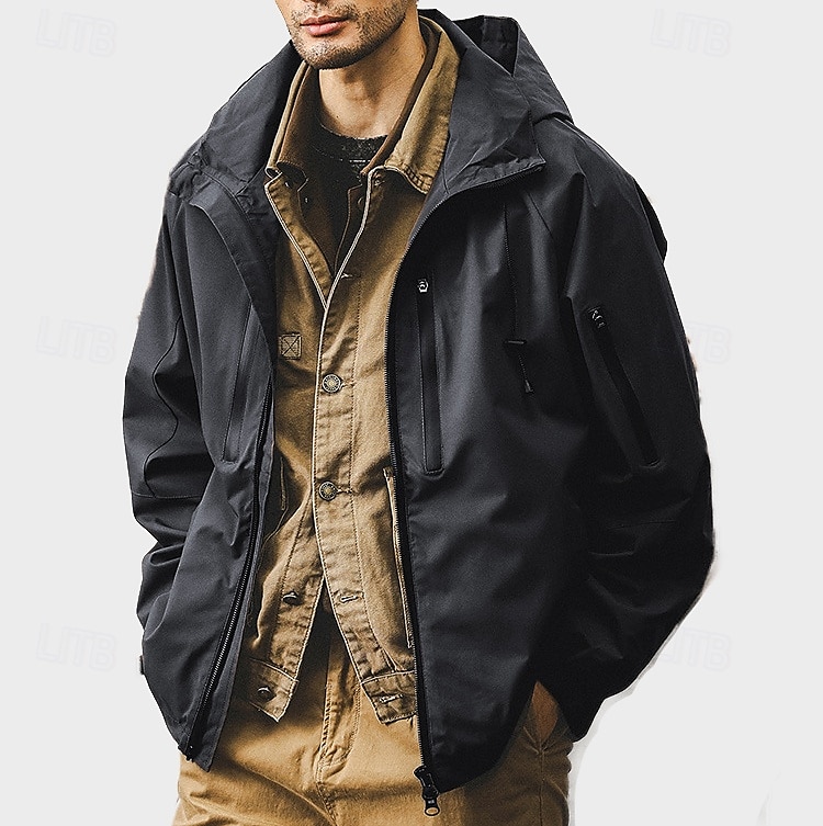 Men's Outdoor Jacket School Outdoor Waterproof Sunscreen Zipper Pocket Spring Fall Winter Solid Color Neutral Fashion Hooded Black White Blue Brown Jacket 2025 - $56.99 –P5
