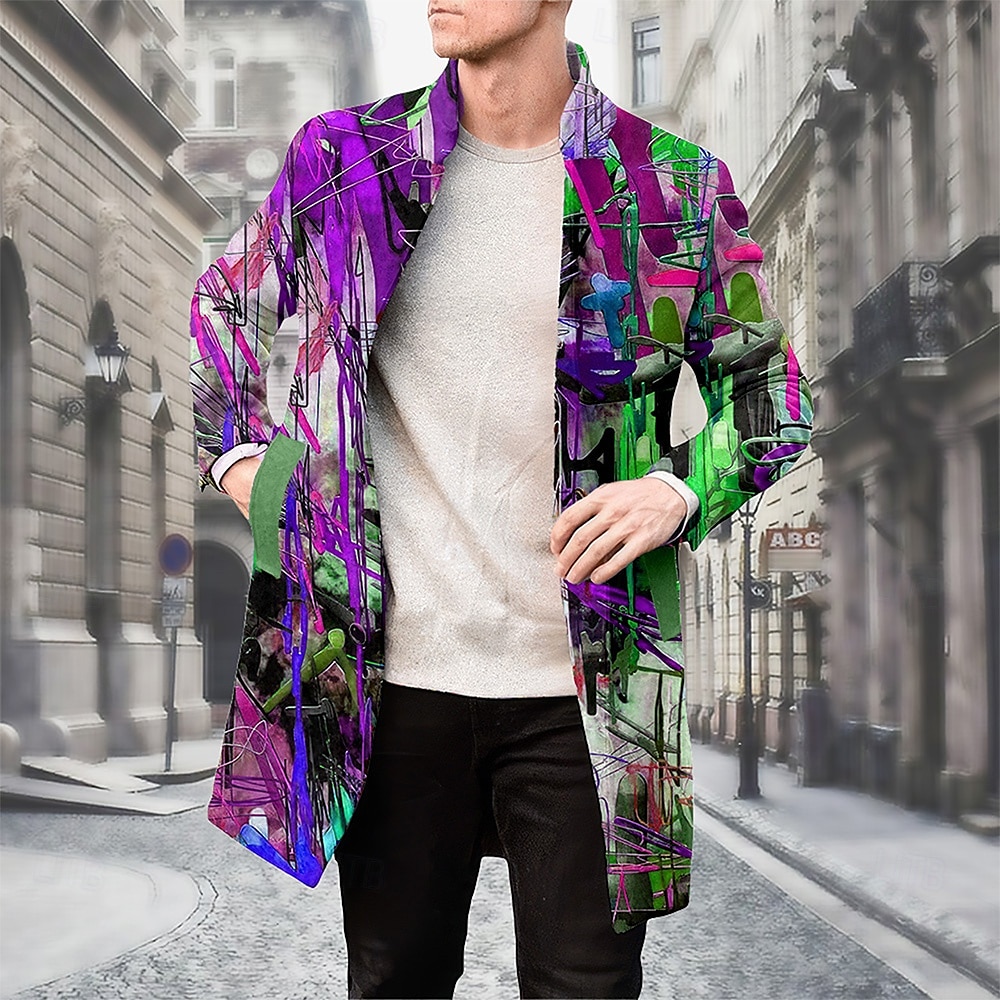 Men's Oil Painting Winter Coat Fleece Jacket Overcoat Thermal Comfortable Artistic Casual Party Daily Wear Buttons 3D Print Front Pocket Winter Turndown Long Sleeve Yellow Blue Purple 2025 - $67.99 –P6