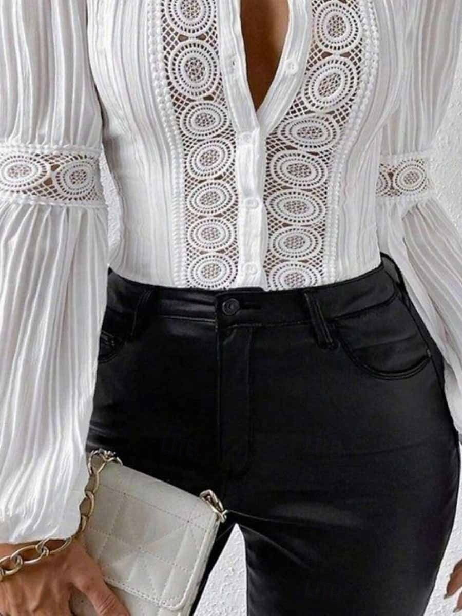 Damen Hemd Bluse Feste Farbe Basic Brautkleider schlicht Langarm V Ausschnitt Normale Oberteile Täglich Spitze Patchwork Knopf Weiß Sommer Frühling Herbst 2025 - $34.99 –P3