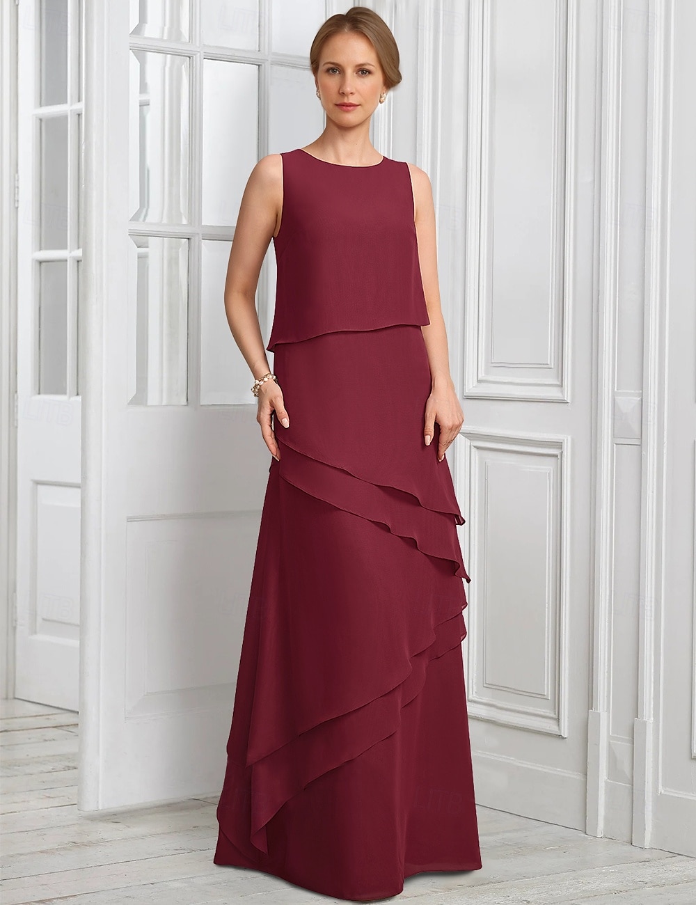 Modrý dvoudílný A-line formální oblek šaty matky nevěsty elegantní třpyt  lesk s náhrdelníkovým výstřihem podlahové délky šifon s polovičním rukávem a knoflíky a aplikacemi květu 2025 - $204.99 –P3