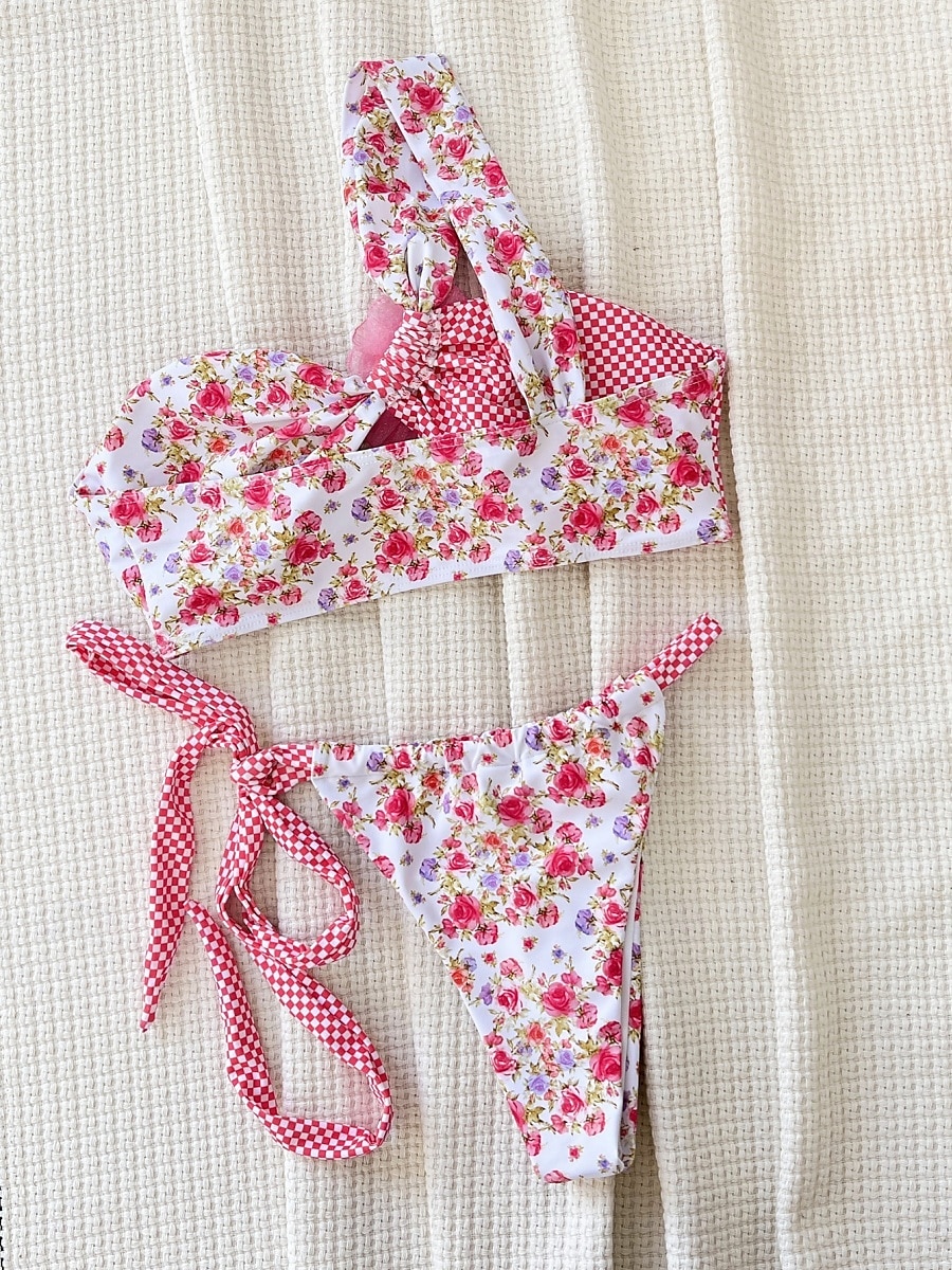Dam Badkläder Bikini 2 st Kaxig Baddräkt Öppen rygg Smal Semester Standkläder Blommig Halterneck Ärmlös Baddräkter 2025 - $25.99 –P4