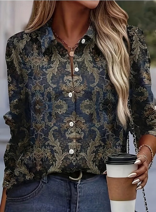 Women's Shirt Boho Shirt Long Sleeve V Neck Navy Blue Fall Winter 2025 - $32.99 –P1