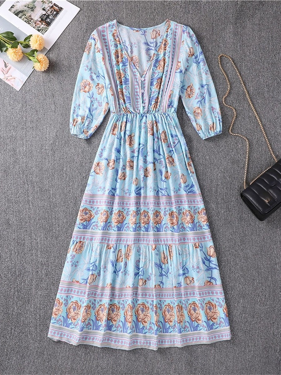 Damen Midikleid Casual kleid Schaukelkleid A Linie Kleid Boho-Kleid Brautkleider schlicht Täglich Regular Fit Blumen 3/4 Ärmel V Ausschnitt Rosa Blau Aprikose Sommer Frühling Herbst 2025 - $41.99 –P10