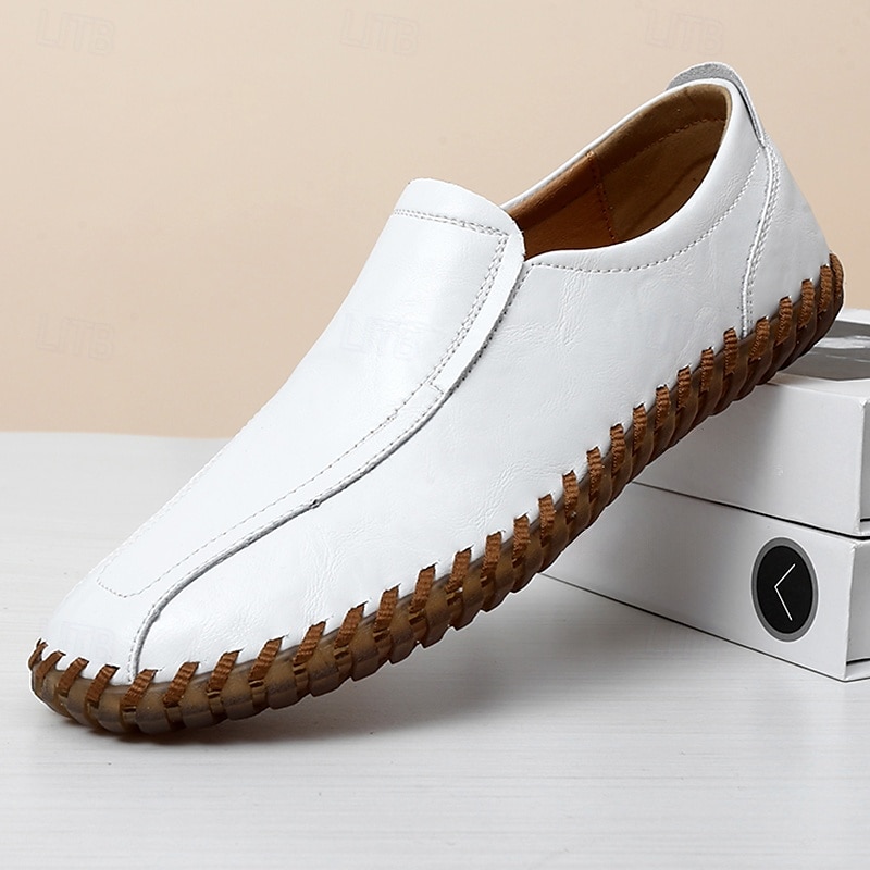 Men's White Faux Leather Slip-On Loafers with Hand-Stitched Sole – Lightweight Casual Shoes for Driving, Walking, and Summer Outfits 2025 - $46.99 –P1