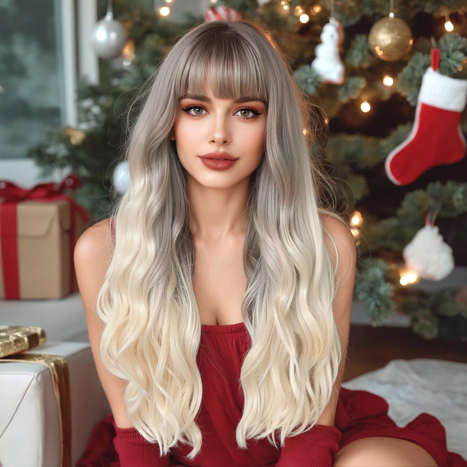 24 inch synthetische pruik damespruik blond lang golvend haar met pony mode dagelijks kerstfeest pruiken 2025 - $23.99 –P1