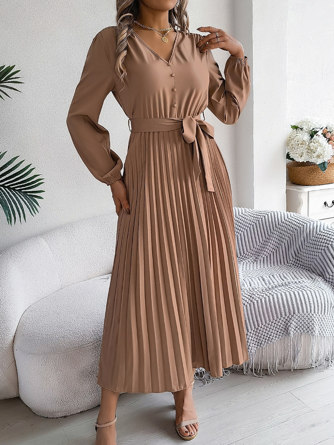 Women's Vintage Dress Mini Dress Pleated High Waist Elegant Formal V Neck Long Sleeve Blue Green Khaki Color 2025 - $41.99 –P3