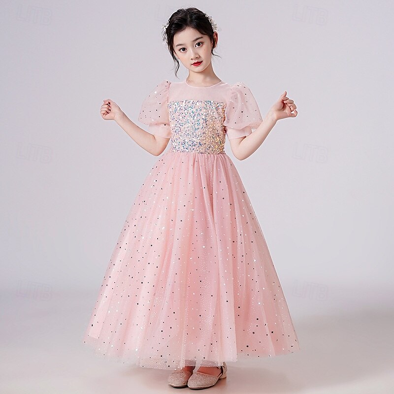 Bloemenmeisjesjurk kinderen Voor meisjes Prinses jurk Prestatie Bruiloft Feest Elegant Mooi Netstof Effen Kleur Korte mouw Strakke ronde hals Wit Blozend Roze 4 jaar + 2025 - $44.99 –P8