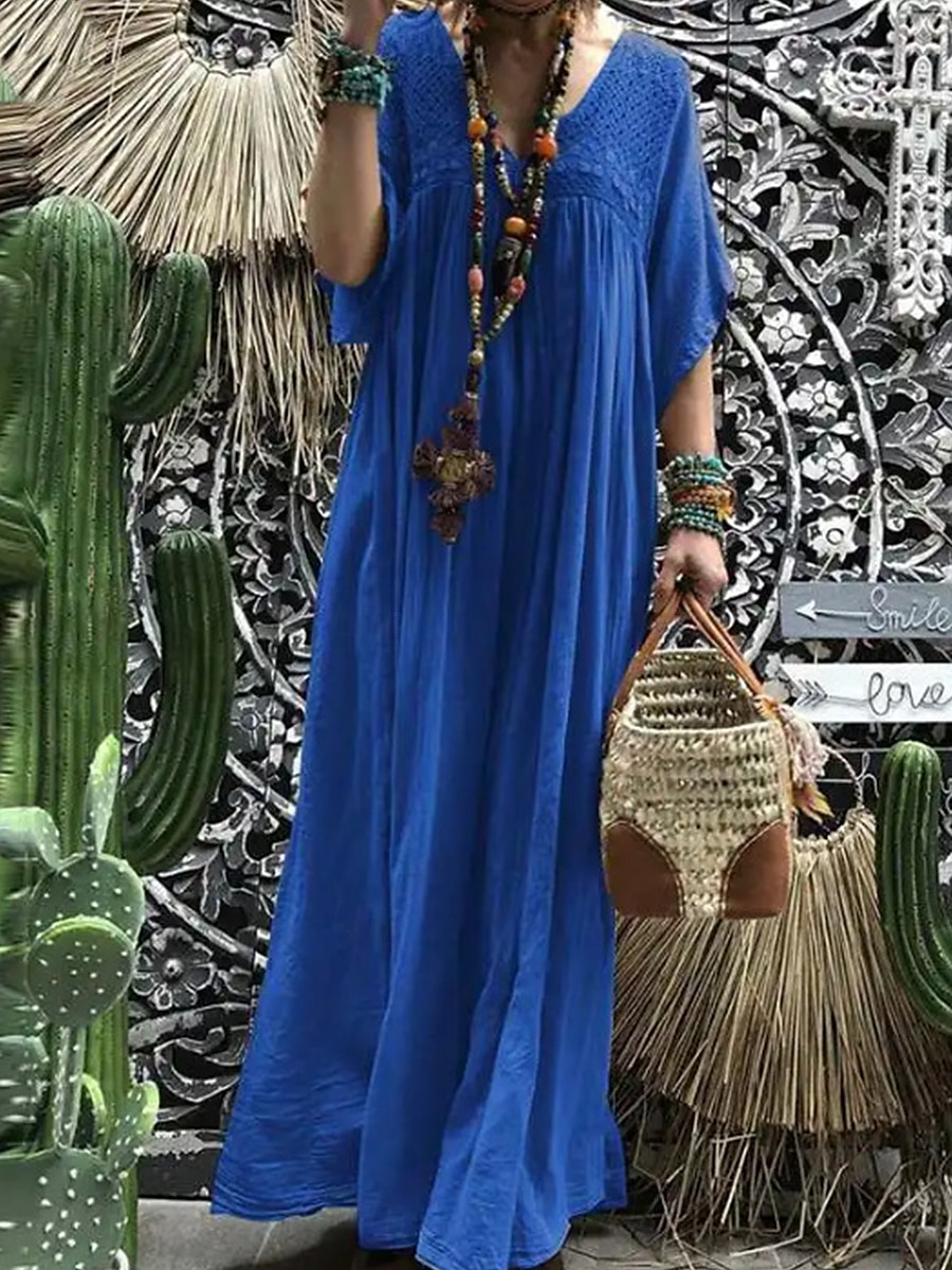 Women's Black Blue khaki Summer Maxi Dress Linen-Inspired Dresses Cotton Linen Dress Fashion Daily Office Date Loose Fit V Neck 2025 - $26.99 –P3
