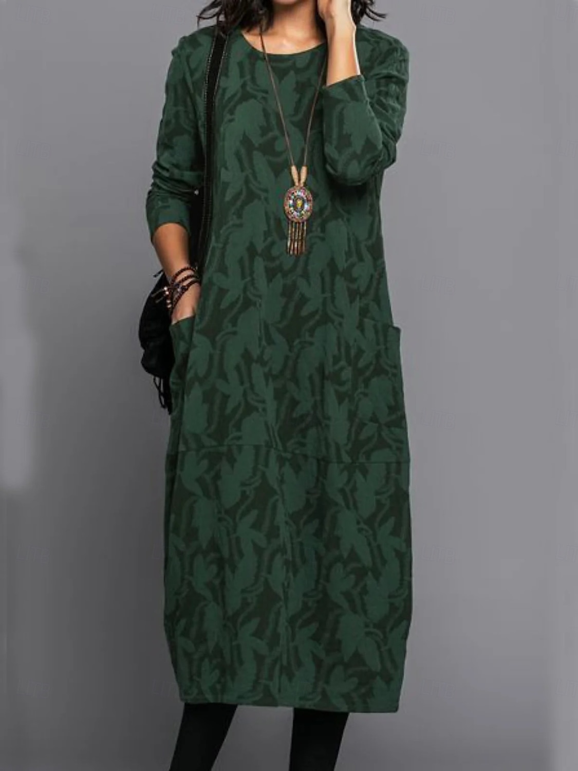 abito midi da donna con scollo rotondo floreale e maniche lunghe primavera autunno del 2025 a $30.99 –P1