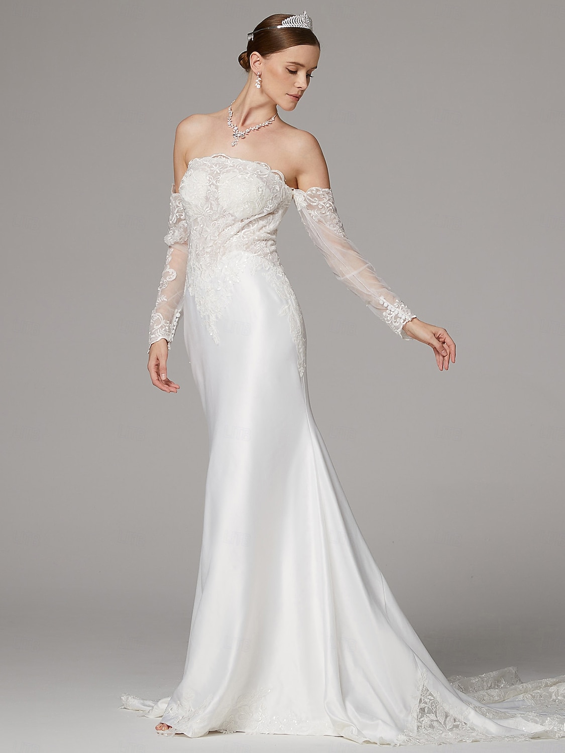 abiti da sposa sirena / tromba abiti separati abiti separati lunghezza pavimento strascico corte abiti da sposa in raso con applicazioni ricamate 2025 del 2025 a $221.99 –P3