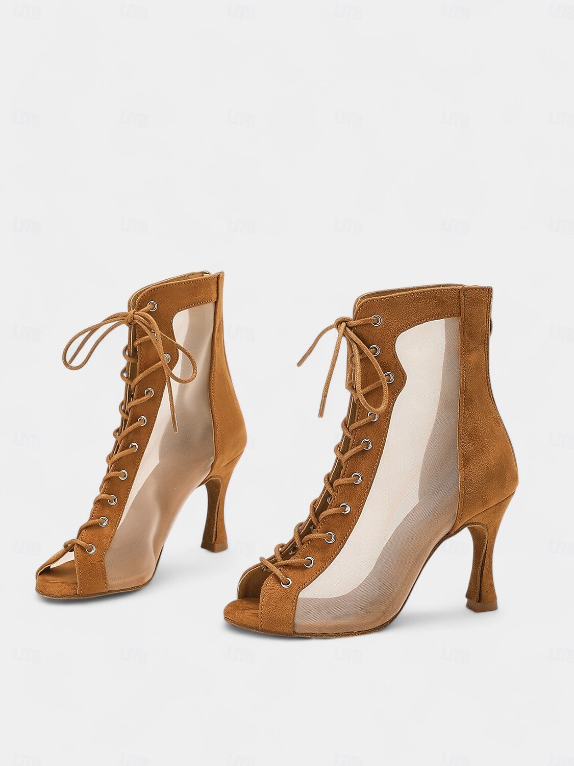 Women's Mesh Lace-Up Peep-Toe Heeled Latin Dance Shoes with Soft Suede Sole – Breathable Transparent Panel Design with Stiletto Heel, Ideal for Salsa, Tango, and Latin Dance 2025 - $59.99 –P9