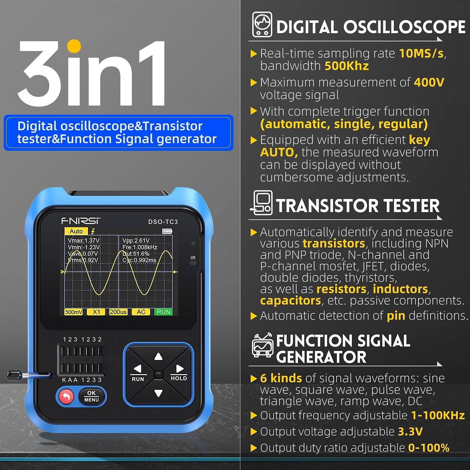 3-in-1 Digital Oscilloscope Portable Handheld Oscilloscope 500 kHz Bandwidth USB Rechargeable Digital Transistor Tester Oscilloscope with 2.4 Inch HD Colour Screen 2025 - $141.99 –P2