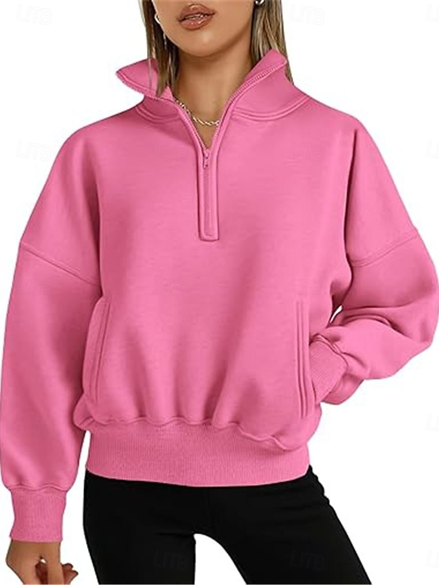 dames sweatshirt casual effen straat dagelijks gebruik coltrui zak halve rits lange mouw wit roze oranje herfst winter 2025 - $36.99 –P3