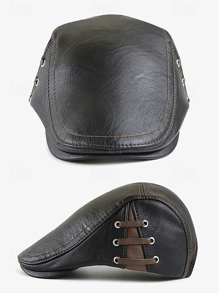 Men's Classic Faux Leather Newsboy Cap – Vintage Flat Ivy Hat with Lace-Up Side Details for Casual and Formal Looks 2025 - $14.99 –P4