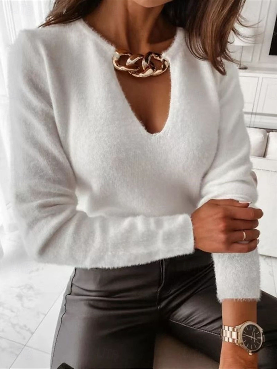 Dames Overhemd Blouse Effen Kleur Basic Casual Lange mouw Strakke ronde hals Normale tops Dagelijks Lapwerk Wit Herfst Winter 2025 - $36.99 –P1