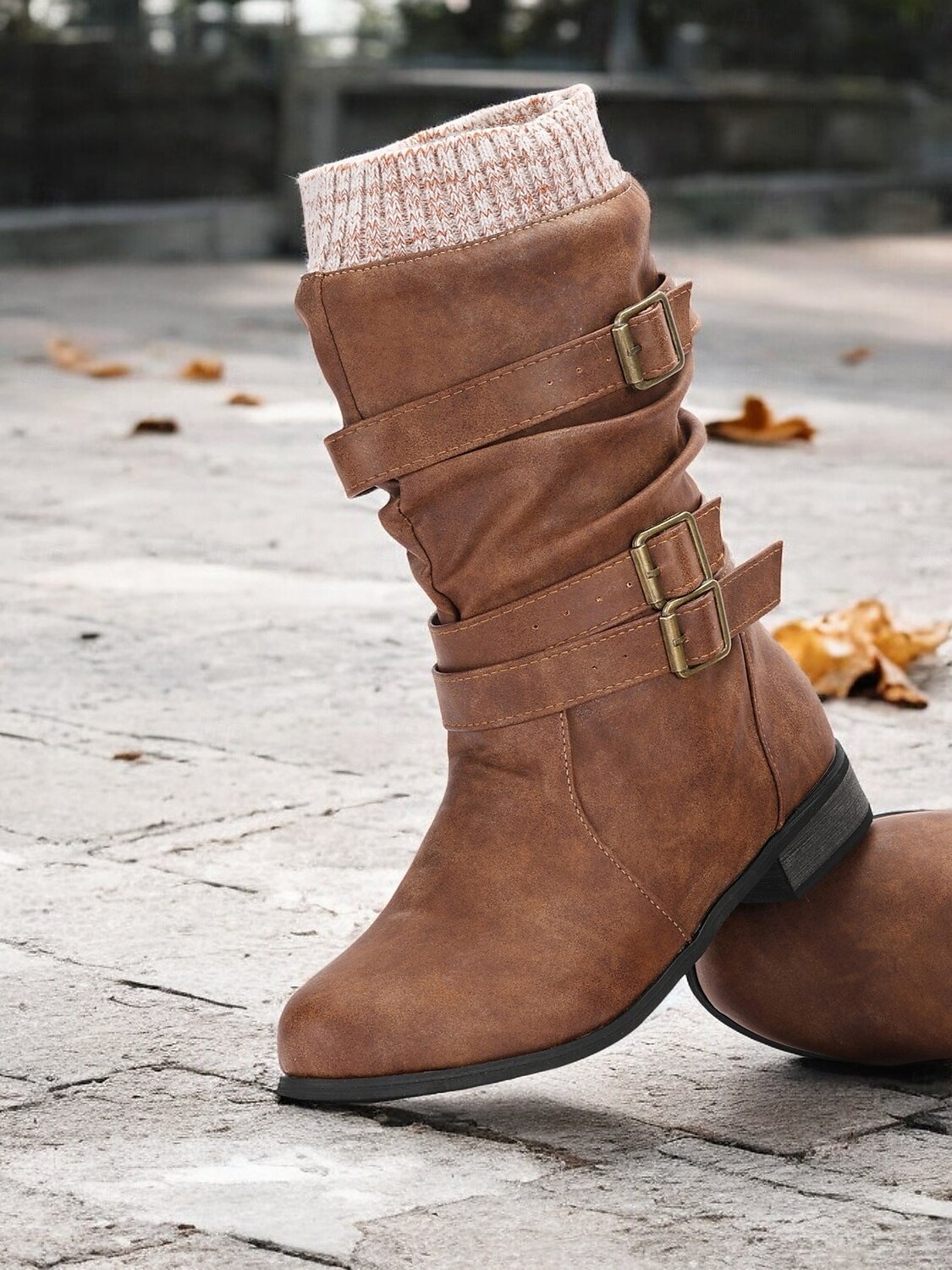 damskie buty ze skóry ekologicznej do połowy łydki z dzianinowym mankietem i podwójnymi paskami ze sprzączką – wygodne i stylowe obuwie zimowe 2025 - $42.99 –P1