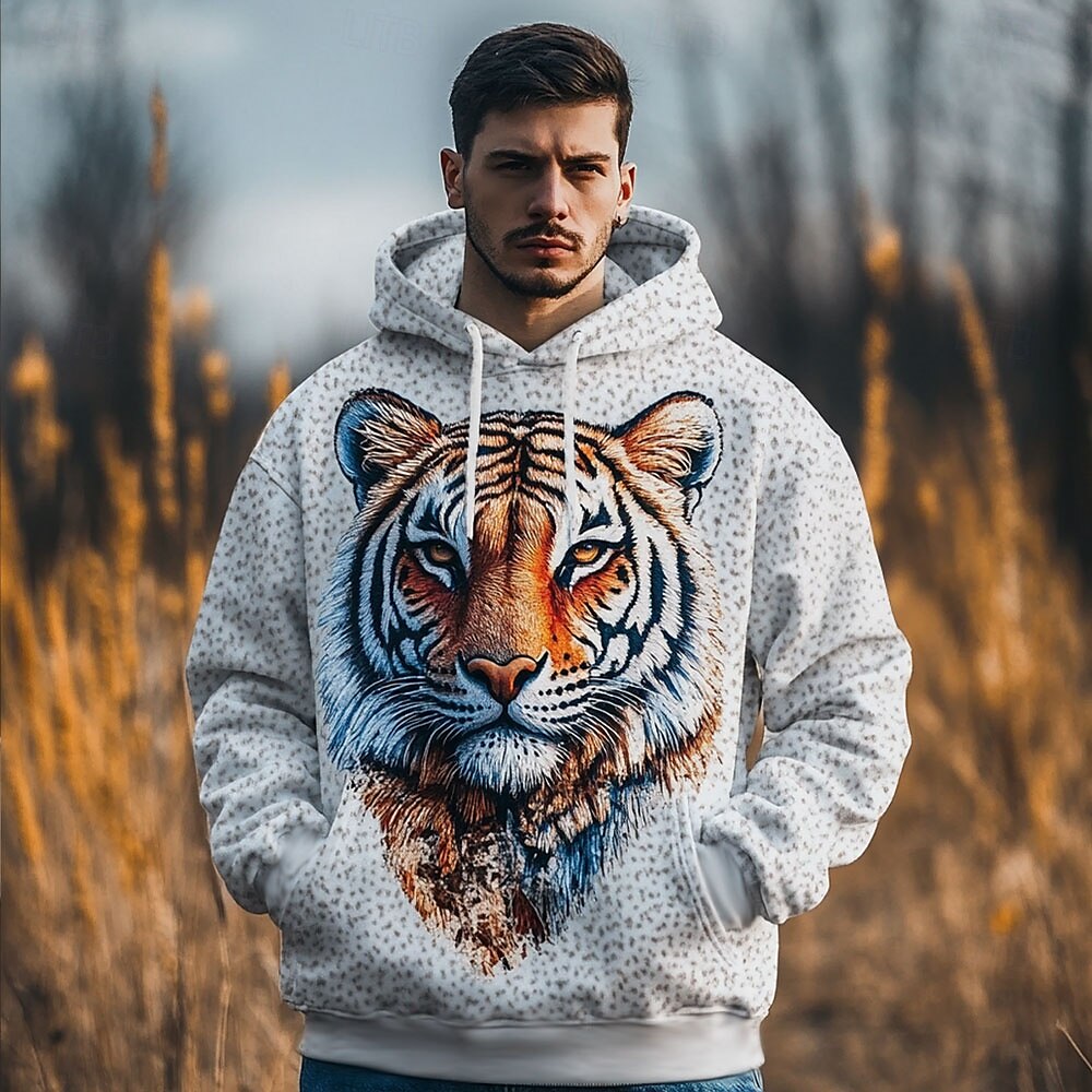 Pánské Tygr Kapucky Mikina Svrchní oblečení Mikina s kapucí Tričkový Módní 3D tisk Párty Dovolená Streetwear Bílá Šňůrky Podzim Zima Návrhář 2025 - $29.99 –P2