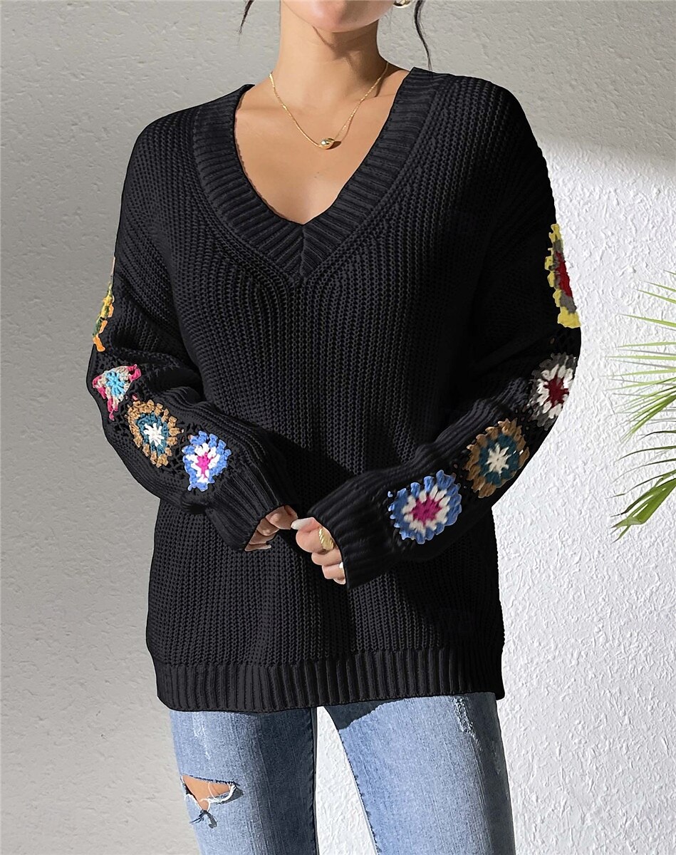 Per donna Felpa Informale Morbido Floreale Uncinetto A V Lavorato a maglia Manica lunga Top regolari Maglia Esterno Giornaliero Fine settimana Nero Bianco Autunno Inverno del 2025 a $31.99 –P15