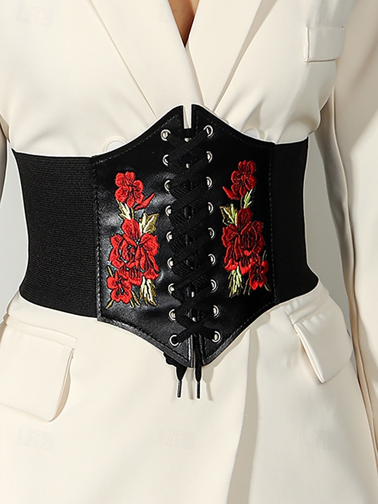 cinto de espartilho preto com cadarço feminino e bordado floral vermelho – modelador de cintura estiloso para vestidos e blazers de 2025 por $9.99 –P1
