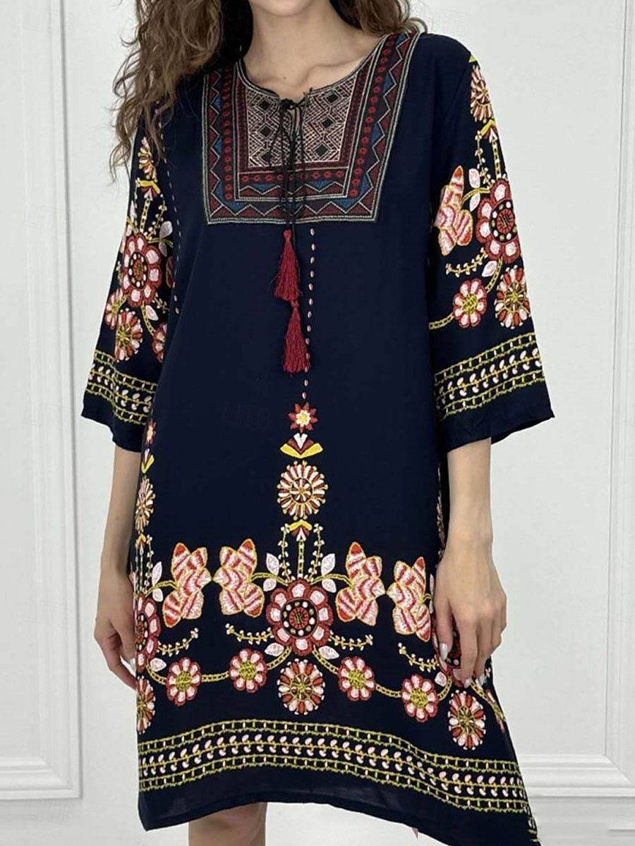 Dámské Mini šaty Volnočasové šaty Boho šaty Na běžné nošení Denní Běžný Květinový 3/4 délka rukávu Tričkový Bílá Rubínově červená Námořnická modř Jaro Podzim 2025 - $27.99 –P1