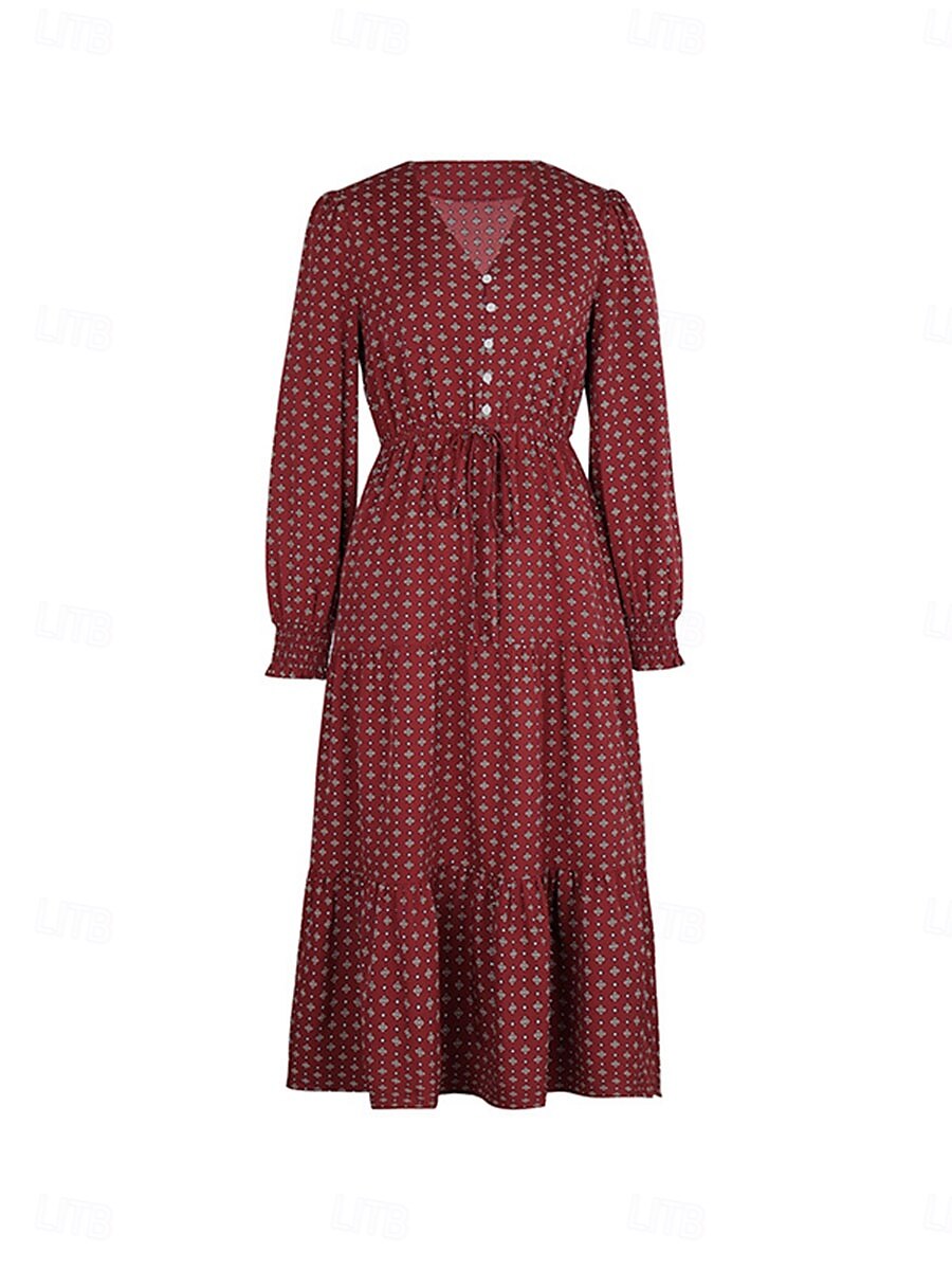 Femme Robe mi-longue Robe casual Robe Évasée Robe Trapèze Décontractées du quotidien Standard Floral manche longue Col V Vin Printemps Automne de 2025 ? $50.99 –P8