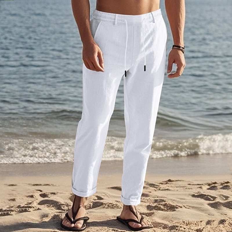 Men's Linen Pants Trousers Summer Pants Beach Pants Drawstring Elastic Waist Straight Leg Plain Comfort Breathable Full Length Daily Holiday Beach Vacation Fashion Black White 2025 - $20.99 –P1