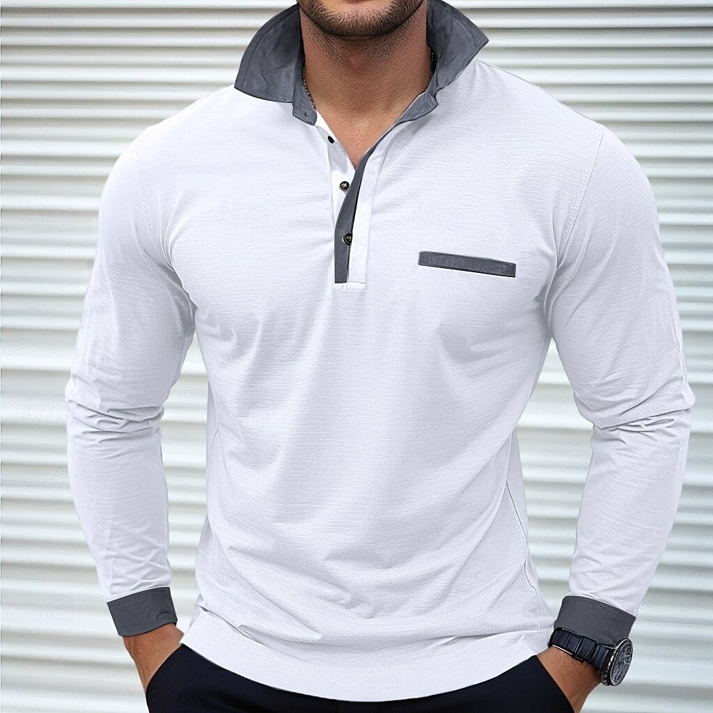 Herren Poloshirts Golf Poloshirts Strasse Geschäft Kargen Klassisch Langarm Modisch Basic Patchwork Tasche Farbblock Herbst Winter Jahreszeiten Regular Fit Hellblau Babyblau Schwarz Weiß Burgunderrot 2025 - $26.99 –P7