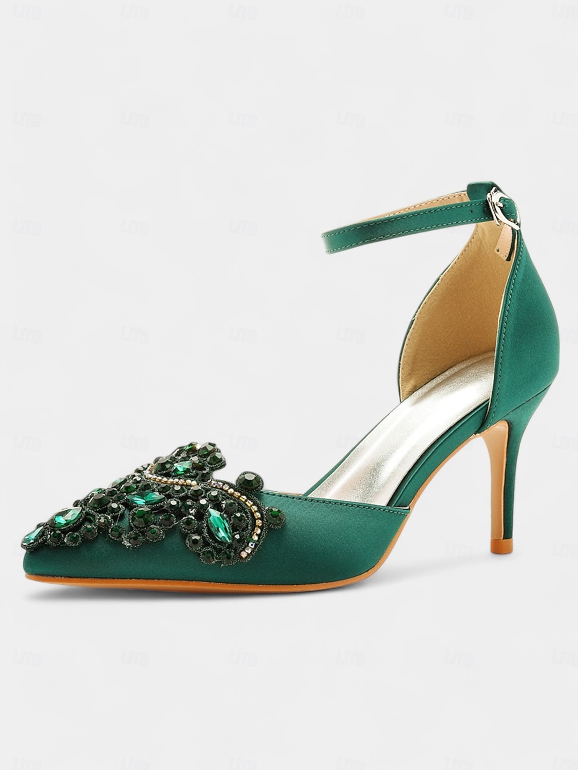Women's Emerald Green Satin Ankle Strap Heels – Pointed Toe Cocktail Shoes with Crystal Embellishments for Parties and Weddings 2026 - $59.99 –P4