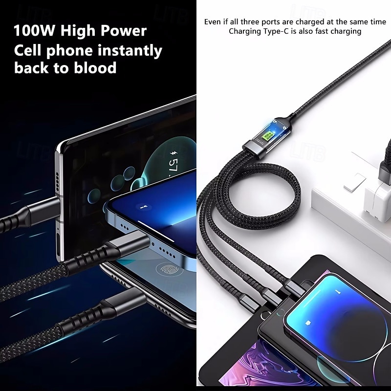 3-in-1 100 watin pikalatauskaapeli älykäs supernopea lataustuki moniliitäntäinen lataus usb visuaalinen virtalatauskaapeli yhteensopiva Applen samsung oppo auton pikalatauskaapelin kanssa 2025 - €10.99 –P4