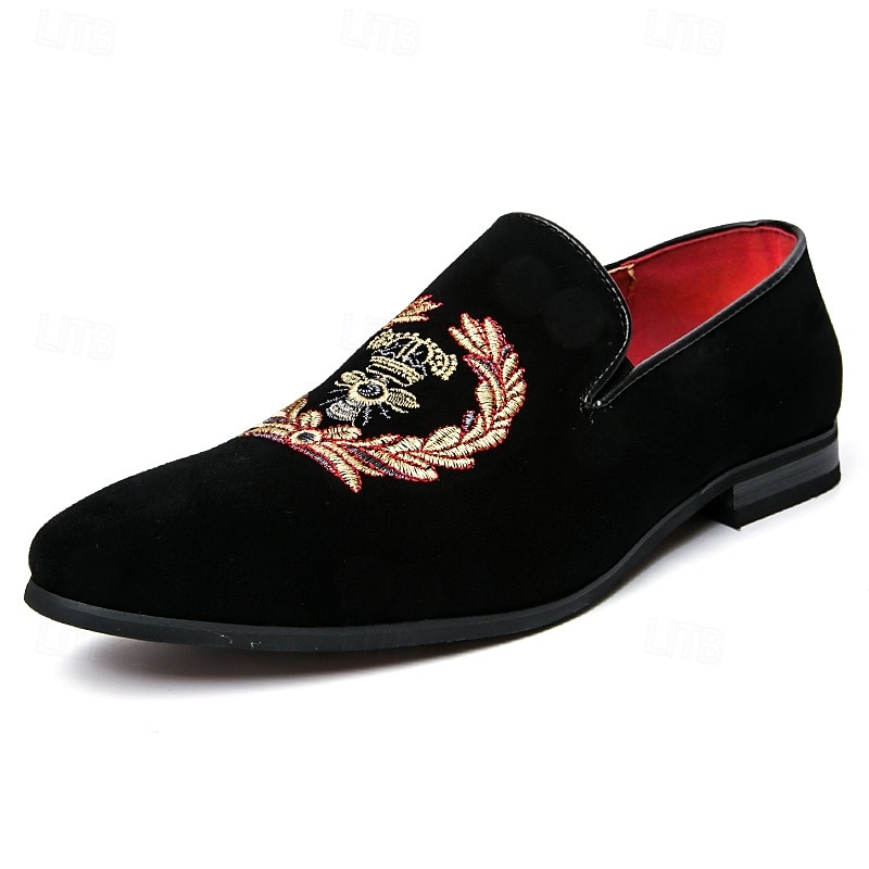 pánské černé sametové vyšívané mokasíny s královským designem koruny – luxusní slip-on společenské boty na formální události a večírky 2025 - $54.99 –P2