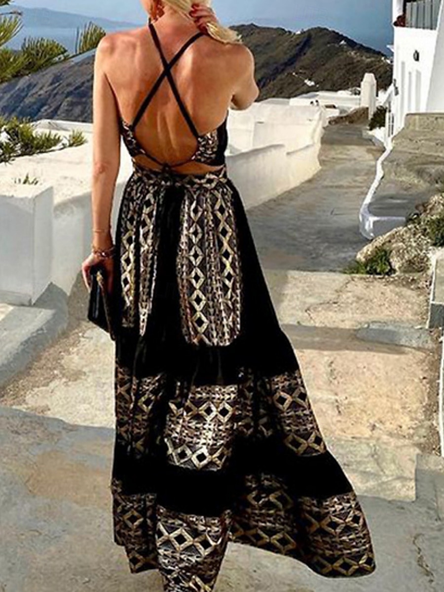 Damen Maxidress Casual kleid Schaukelkleid A Linie Kleid Brautkleider schlicht Täglich Regular Fit Geometrisch Ärmellos Halfterhals Schwarz Sommer Frühling Herbst 2025 - $52.99 –P2