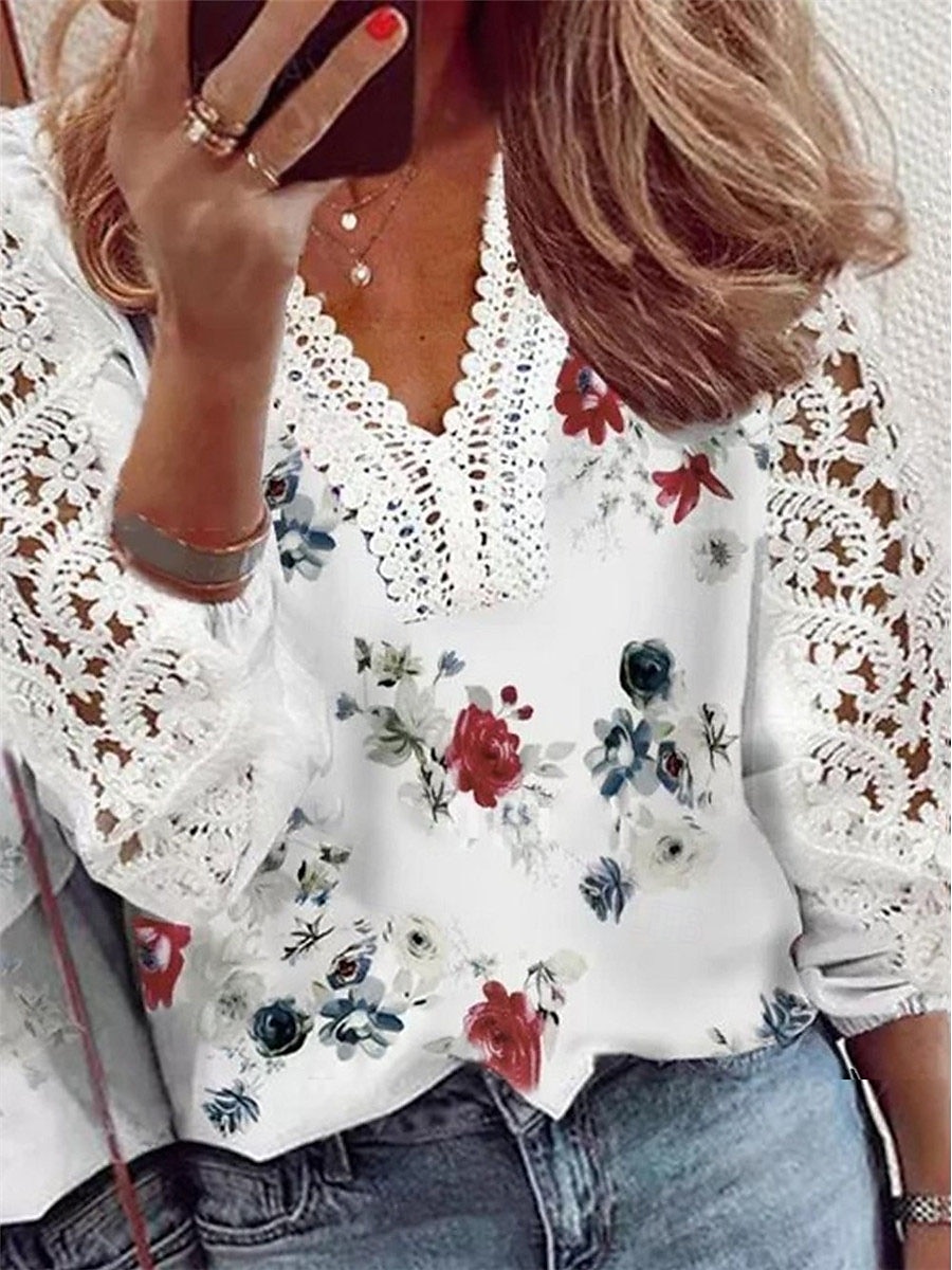 Dame T skjorte Blomstret Mote Moderne Fritid Langermet V-hals Vanlige topper Daglig Helg Blonde Lapper Trykt mønster Hvit Sommer Vår Høst 2025 - $36.99 –P1